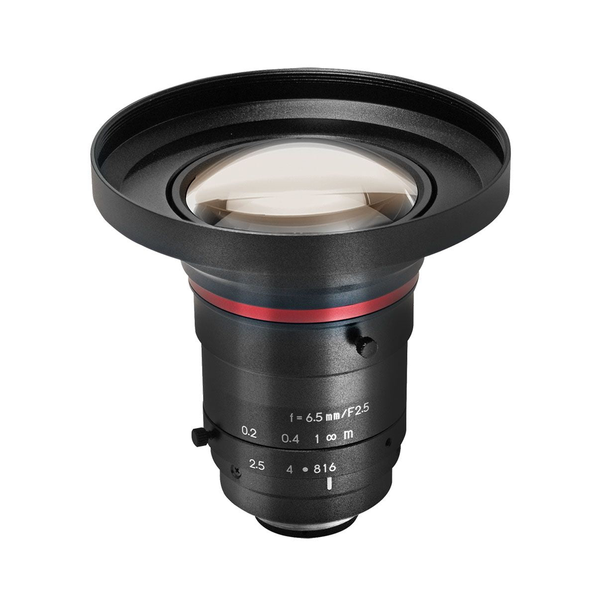 Front view of Kowa LM6FC24M lens. 1.1 inch, 6.5mm, 24MP Machine Vision Lens.